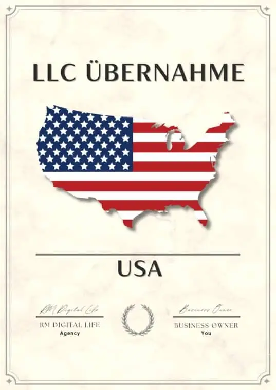 Grau umrahmtes Zertifikat LLC Übernahme mit US Flagge in Form des Umrisses von den vereinigten Staaten von Amerika