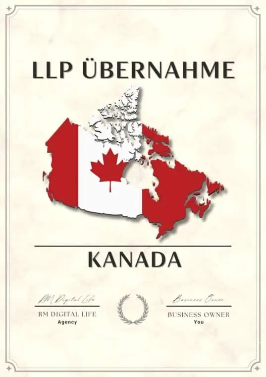 Grau umrahmtes Zertifikat LLP Übernahme mit kanadischer Flagge in Form des Umrisses von Kanada